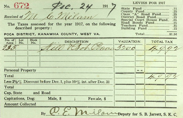 Cllaude Milam signed a Tax Receipt of Vernon Milam 24 DEC 1917